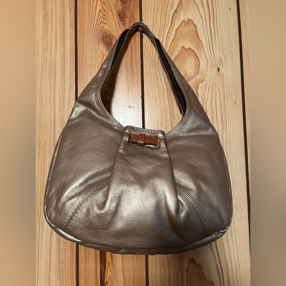 Luxury purse Gold Metallic/Brown leather Half Moon Hobo Shoulder Bag Milano Tags